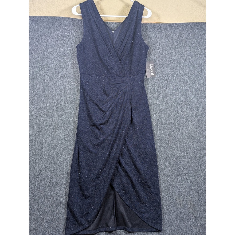 Alexa B Nites Womens Navy Blue Metallic Shimmer Wrap Tulip Midi Dress Size 8 NEW
